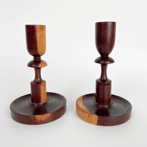 Two Vintage Hand Carved Wooden Candle Holders Rustic Handmade Gift Unique Pair